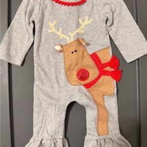 Gray Reindeer Baby Romper with Red Accents